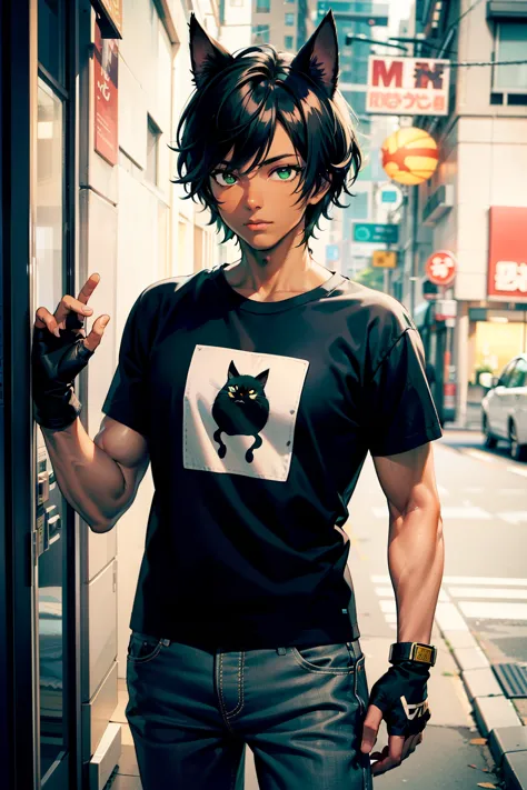 man, wearing a t shirt, long bermudas, fingerless gloves, dark skin, black cat ears, green eyes, black hair 