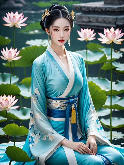 a close up of a woman in a blue dress sitting on a lily, palace ， a girl in hanfu, a beautiful fantasy empress, beautiful charac...