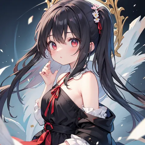 ((best quality)), ((masterpiece)), (detailed), a girl，has black hair，red eyes。she is facing the camera sideways，face the mirror，...