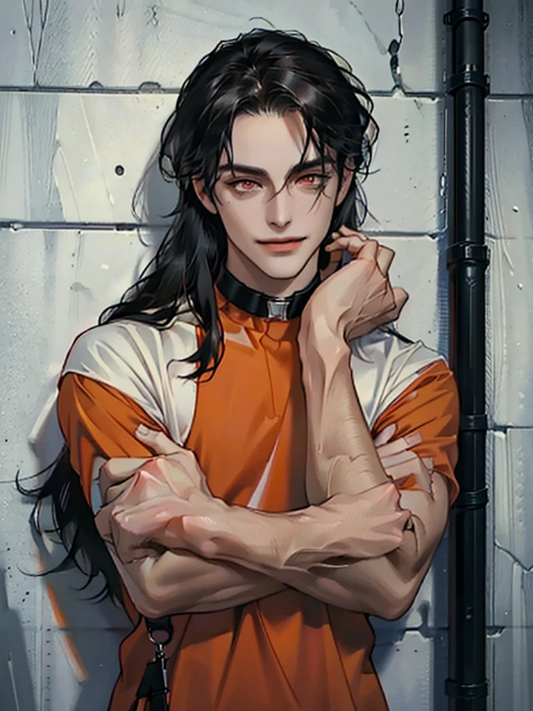 a man, Black long straight hair, dark red eyes, Slender and tall, prisoner, Perfect male body, Looking at the camera, (Orange prison uniform, Hold your arms tight, Smile, cell), portrait, Dramatic shadows, Prisoner, Chained