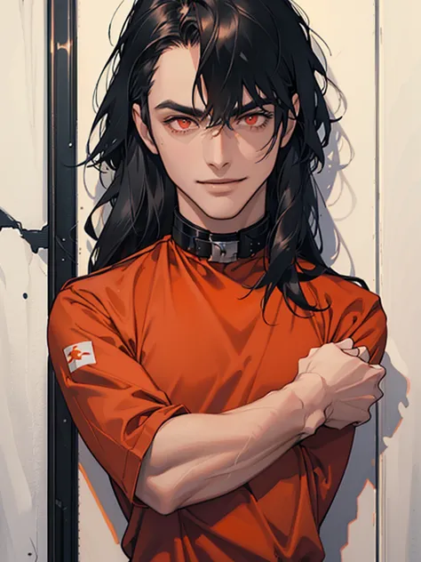 a man, Black long straight hair, dark red eyes, Slender and tall, prisoner, Perfect male body, Looking at the camera, (Orange pr...