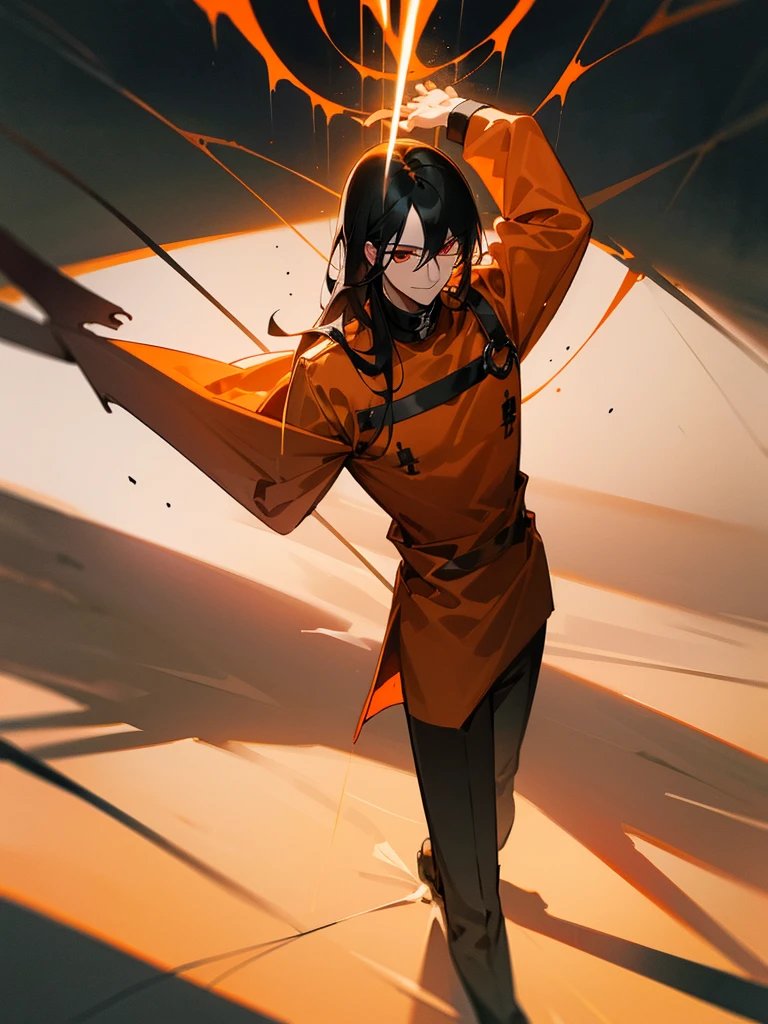 a man, Black long straight hair, dark red eyes, Slender and tall, prisoner, Perfect male body, Looking at the camera, (Orange prison uniform, Hold your arms tight, Smile, cell), portrait, Dramatic shadows, Prisoner, Chained