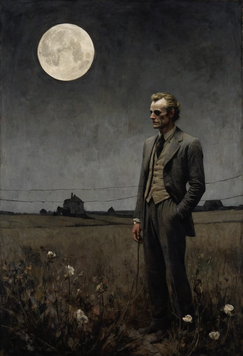 This is Andrew Wyeth - The Art of Andrew Wyeth - with a muted floral palette and dry brush technique creating a sense of calm.(animation. perfect body anatomy. Joker tied to a crescent moon, night, Romance, fairytale background) (minimalism: 1) . Dietary composition, ideal body anatomy.
