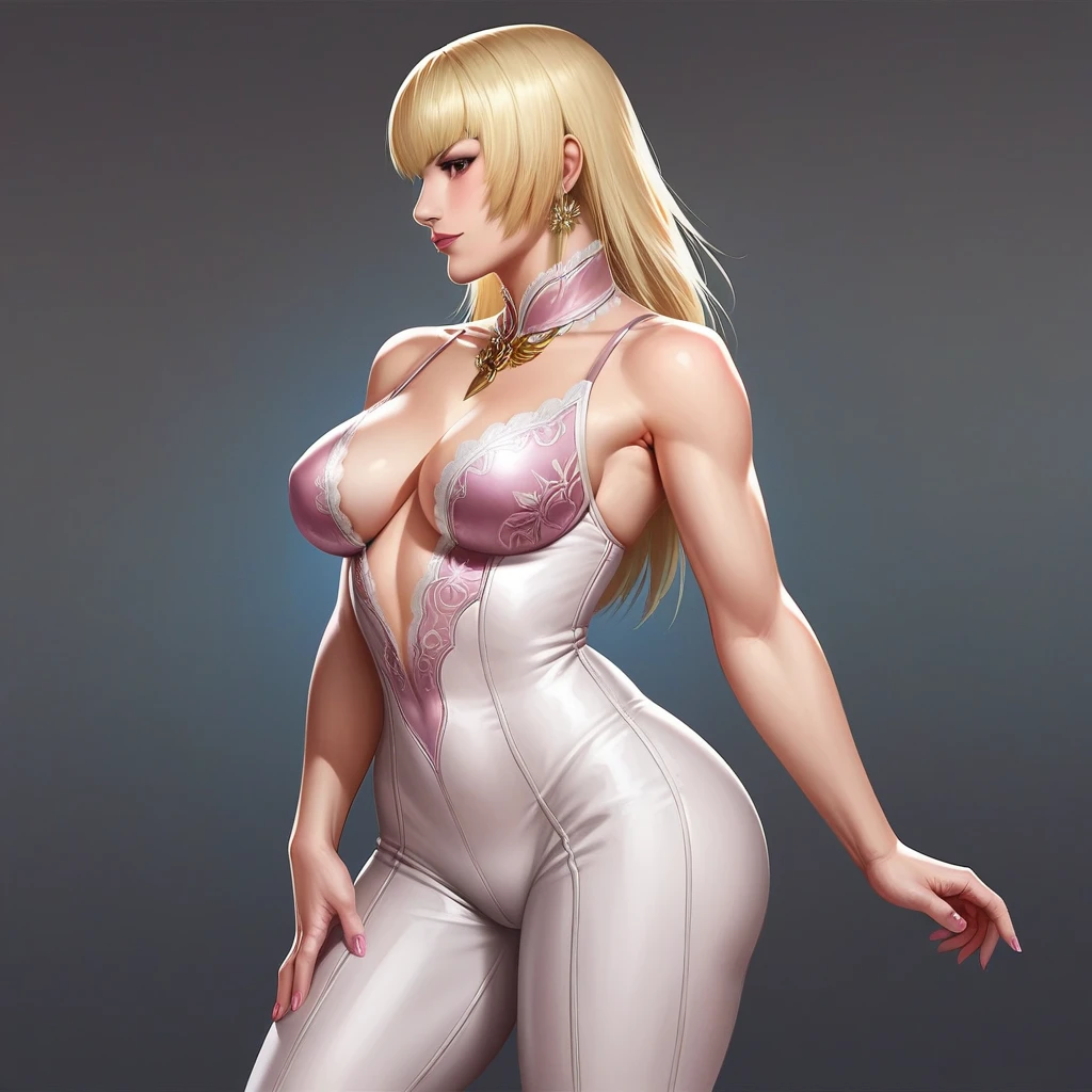 mixed_artwork style, 1 girl, standing alone, hands, beautiful woman, thick, tekken 8_lily, Emilie De Rochefort (from Tekken 8), realistic, textures, 8K, perfect hand, perfect anatomy, Profile, visible curves, Breasts, Hand on the waist