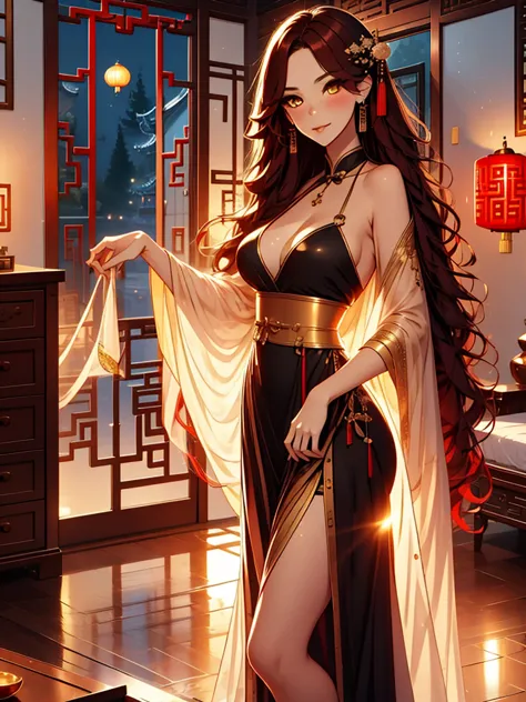 beautiful, mark, queen mark, black dress, deep décolleté, wavy red hair, golden eyes, good, sexy, sensual, chinese room, night, ...