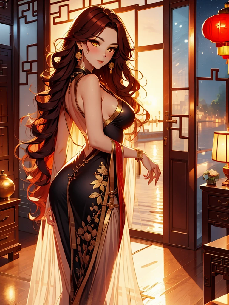 beautiful, Mark, Queen Mark, black dress, deep décolleté, wavy red hair, golden eyes, Good, sexy, sensual, chinese room, night, smiles, facial redness, looking back, Ancient Chinese style, Middle Ages, long skirt,,