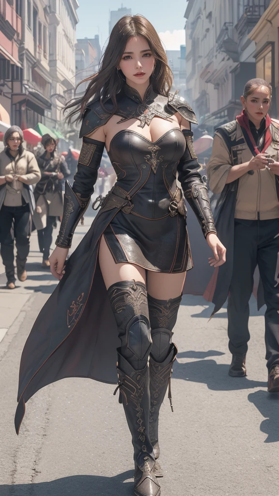 looking back,(fighting pose),(leather boots,(asymmetrical armor),(long embroidered cute dress,see through,lift up the hem of the dress)),(random hairstyle),(Thin type:1.5),(large breasts),(Highest image quality,(8K), Ultra-realistic, Best Quality, High quality, High Definition, high quality texture, high detailing, Beautiful detailed, fine detailed, extremely details CG, Detailed texture, realistic representation of face, masterpiece, presence)
