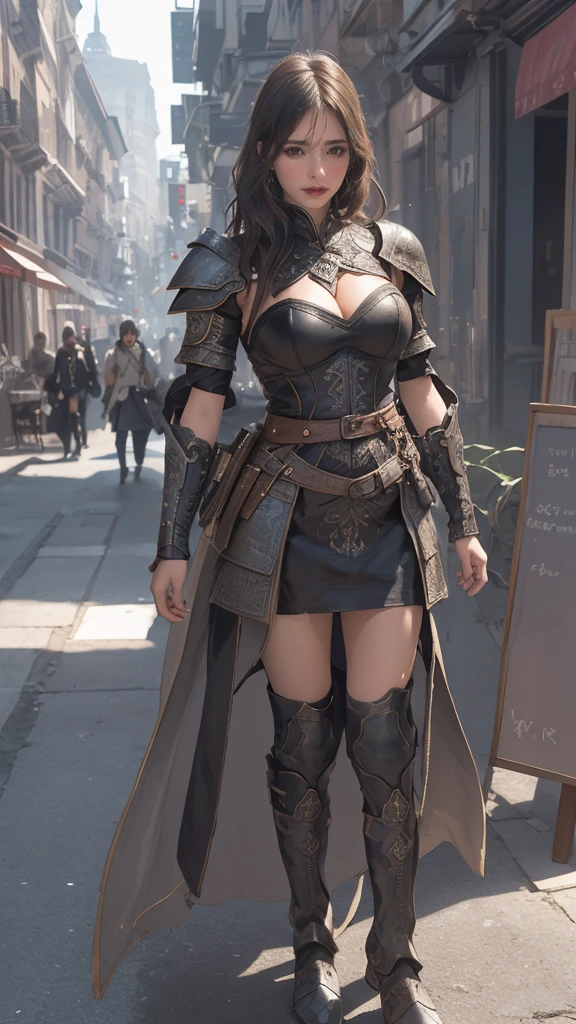 looking back,(fighting pose),(leather boots,(asymmetrical armor),(long embroidered cute dress,see through,lift up the hem of the dress)),(random hairstyle),(Thin type:1.5),(large breasts),(Highest image quality,(8K), Ultra-realistic, Best Quality, High quality, High Definition, high quality texture, high detailing, Beautiful detailed, fine detailed, extremely details CG, Detailed texture, realistic representation of face, masterpiece, presence)
