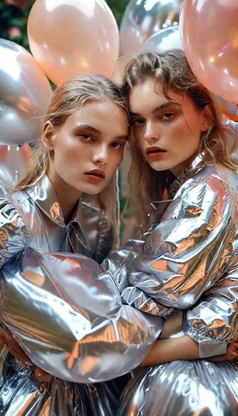 a young model in shiny silver dress posing for a picture with balloons, in style of petra collins, as fashion editorial 90s, by ...