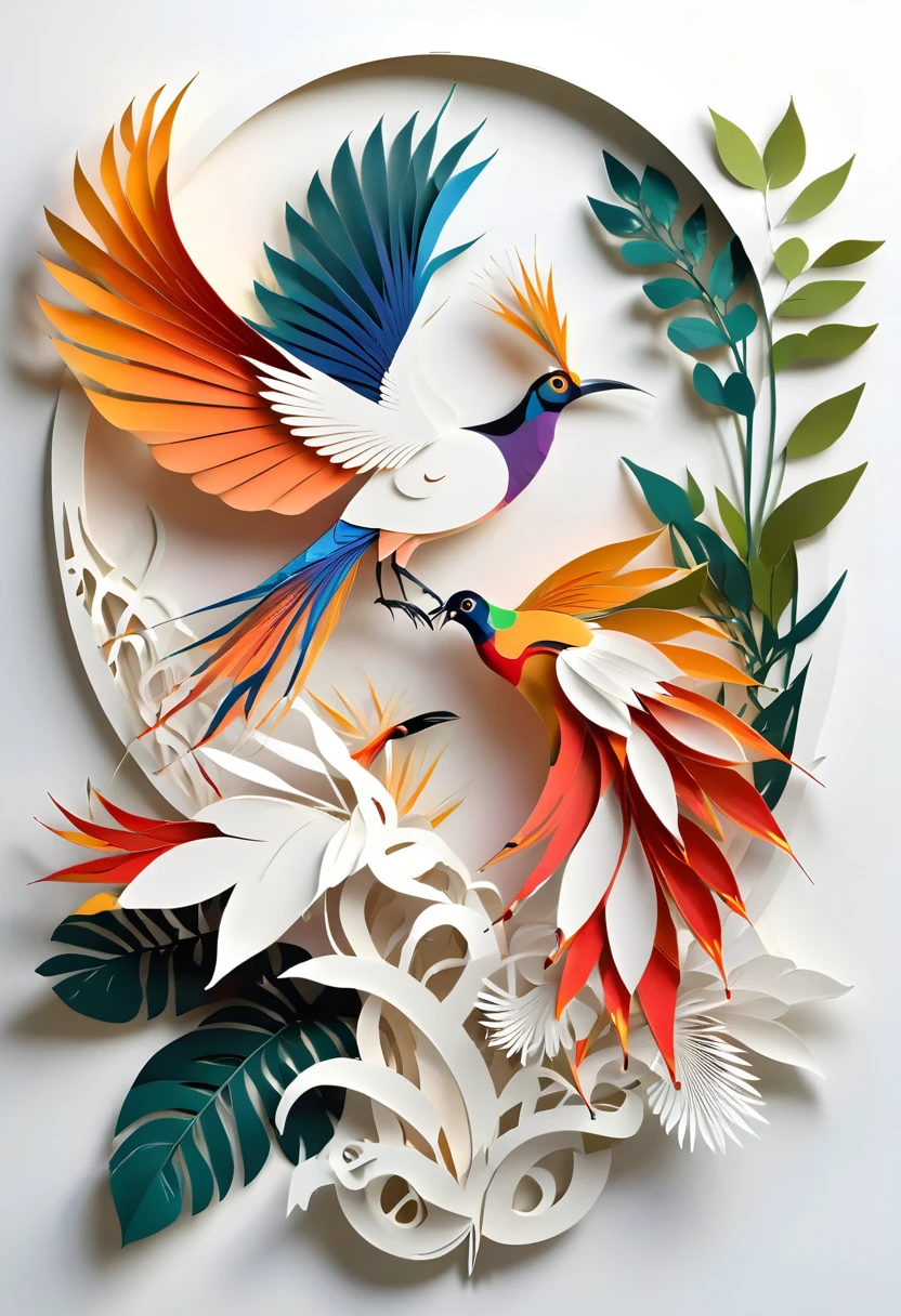 paper cuttings art, the bird of paradise, west papuan native bird, cendrawasih bird, single bird, white background, (Flat paper cutout，paper art，layered paper artpaper, digital art), Against a pure white background, vector illustration, papercut style, high quality image