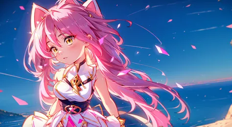 an anime girl with cat ears. fake cat ears, and the cat ears are set in gold on the head, long pink hair, very long hair, bright...