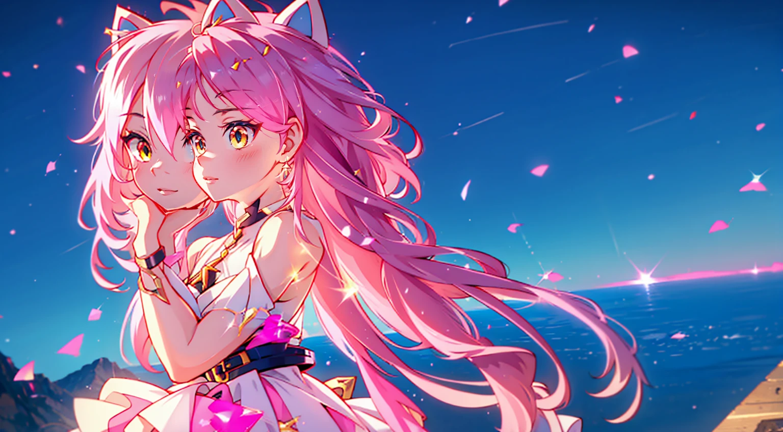 An anime girl with cat ears. Fake cat ears, and the cat ears are set in gold on the head, long pink hair, very long hair, bright pink hair, white miniskirt with gold belt, She wears white gloves on her hands, pinker BH pinker Tanger, around the neck a golden collar, looking down at viewer, 
sexly, large , tight juicy ass, elongated yellow eyes with pink fragments, cute face",,