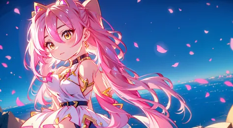 an anime girl with cat ears. fake cat ears, and the cat ears are set in gold on the head, long pink hair, very long hair, bright...