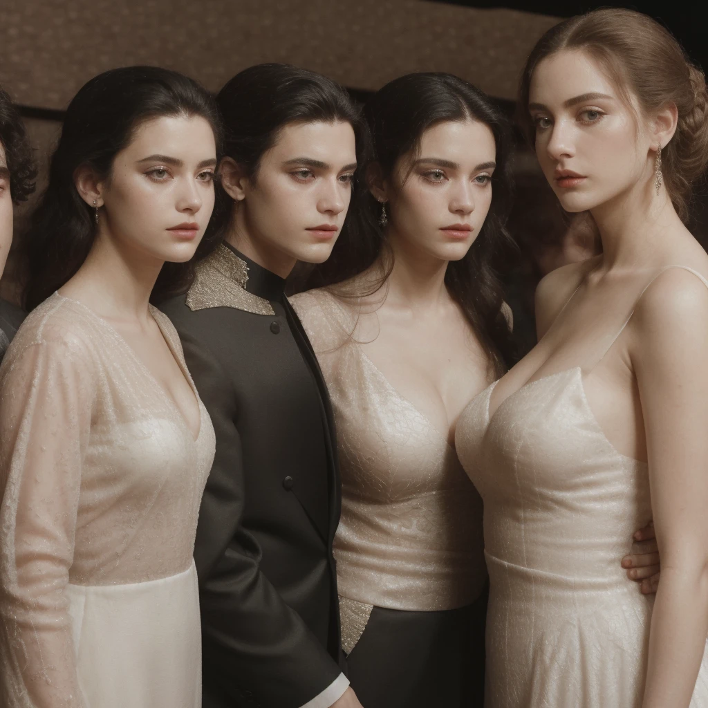 Three men and three women are standing on the opera stage, the three men are wearing black suits and the three women are wearing elegant long white dresses, close up, realistic photo