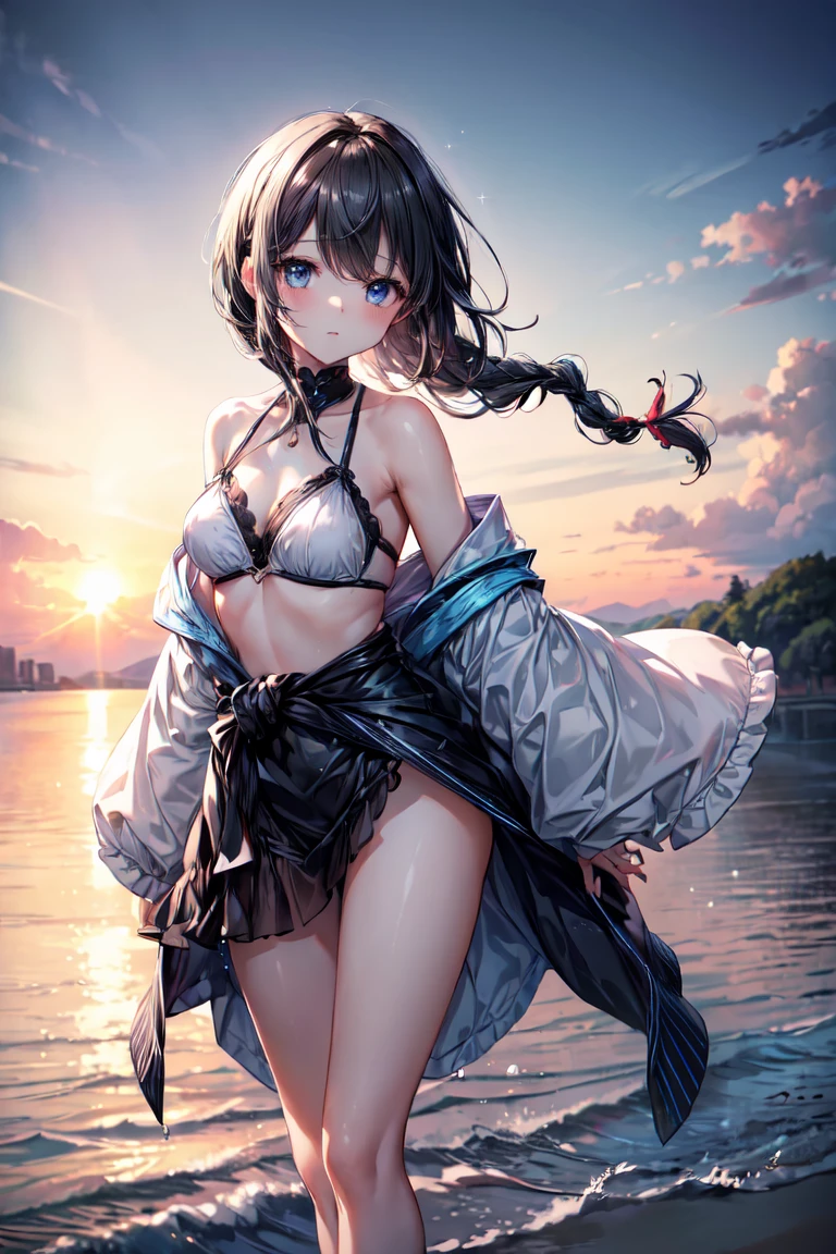 (((masterpiece、High resolution、high quality、delicate、Ultra-High resolution、8k)))1 female、Black Hair、Braid、blue eyes、Glowing Skin、bikini、Pareo on waist、break,Ocean、Beach、Water Drop、evening、sunset