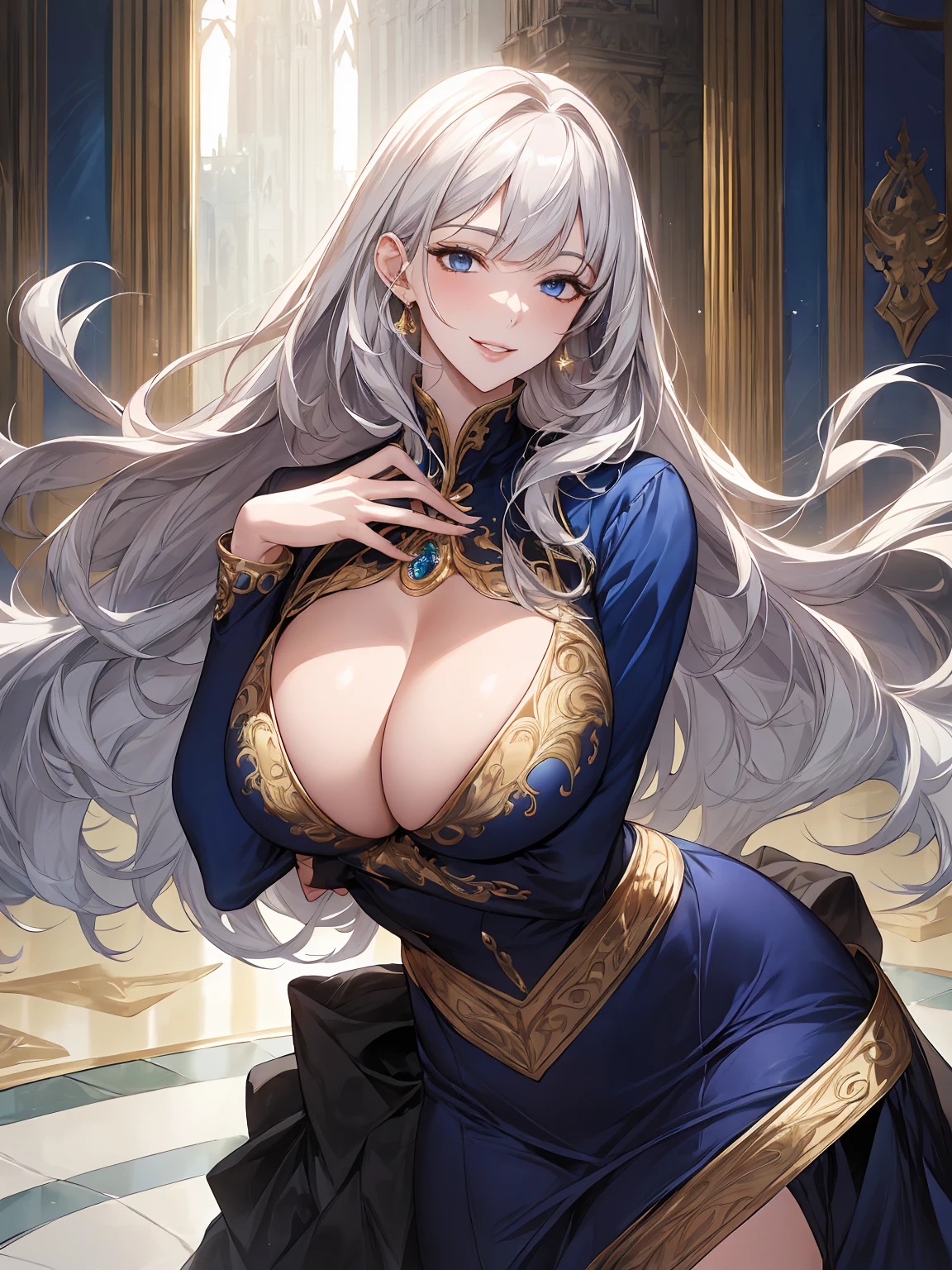 (art: 1.2), (best quality: 1.2), upper body, 1 woman, mature, tall (1.85), appeared to be around 30 years old, had silver hair, straight and shiny hair , loose hair divided in half, bangs, sapphire blue eyes, extremely detailed eyes, perfect eyes, extremely realistic eyes, well-aligned eyes, long eyelashes, anime style, Perfect Face, milf face, full lips, smiling, mature, fair skin , natural body, sexy body, MILF body, hands on her waist, perfect and detailed hands, hands well proportioned to the body, realistic hands, arms with good anatomy, she was only wearing a navy blue blouse with long sleeves in a noble European style that has not yet managed to hide her extremely large and enormous breasts that drooped due to her size, long white skirt with blue details, white high-top shoes, thick thighs, wide hips, looking at the viewer, setting in a placid place adorned in gold, gold coins on the floor, treasures scattered throughout the ladis, set in a European style, posing alone facing the viewer.