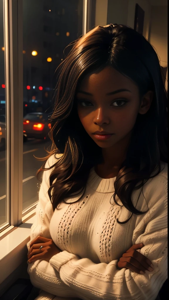 ((masterpiece, best quality, ultra detailed, ultra high res)), ((night)), (distant), chiaroscuro, coffee, indoors, solo focus, pov,NSFW, (through the window), (armrest), 1 woman,(dark skin), ebony skin, ebony nose, full lips, facing away, black hair, long hair, distracted, sitting, fuzzy exposed sweater shirt, (looking away), streetspace, neon lights, particles, luminous dark brown eyes,