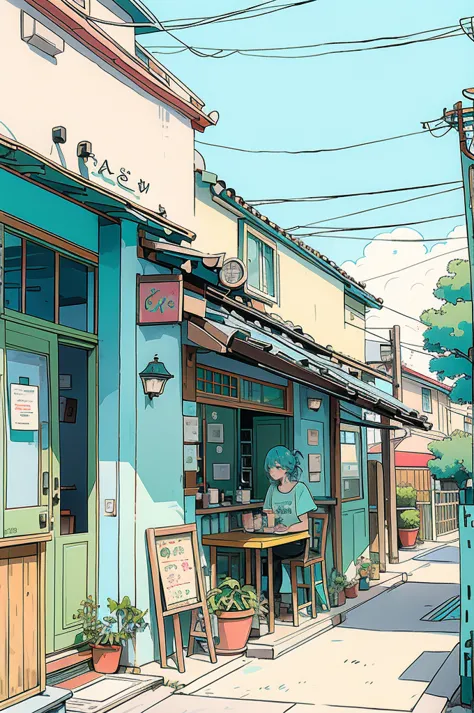 the illustration depicts a character with turquoise hair standing in front of a cafe setting. the character is wearing a t-shirt...