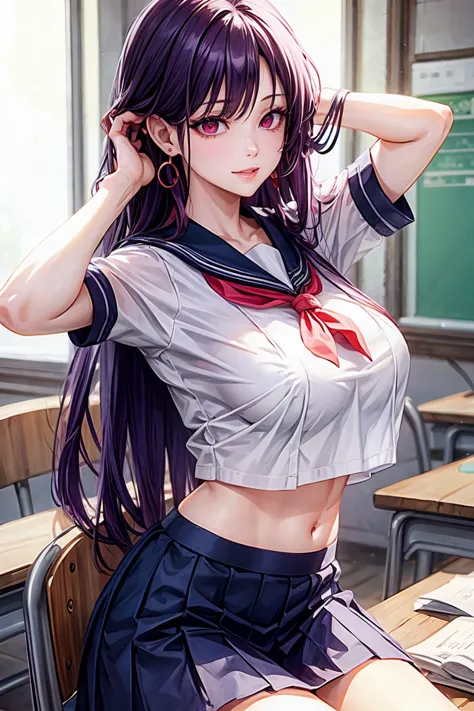 woman, sexy woman, mature female, mommy, long purple hair, red eyes, sharp eyes, detailed lips, big breast, short sleeves sailor...