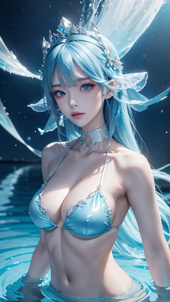 
light blue hair, shiny hair, Surrealism, anime, 8k, super detail, UHD, masterpiece, accurate, anatomically correct, textured skin, super detail, high quality, award winning, best quality, highres
"A girl representing Mercury, with a water theme. She has an intellectual and calm demeanor, but possesses inner strength. She has blue eyes, long blue hair. Her appearance is ethereal, reflecting the tranquility and depth of water."