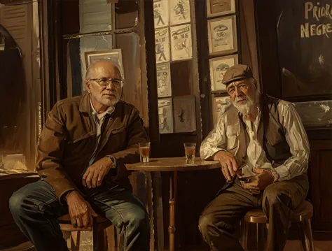 oil painting of two old men sitting ((best work of art)) ((two elderly men)) (old bar atmosphere)) bar table, whiskey shots, bro...