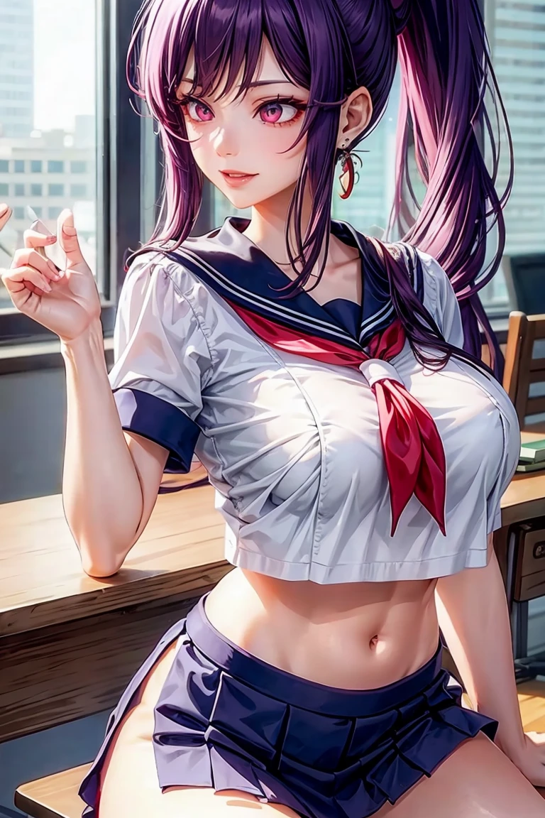 woman, sexy woman, mature female, mommy, long purple hair, red eyes, sharp eyes, detailed lips, big breast, short sleeves sailor uniform, sexy sit, classroom, evil smiling, seductive lips, adjusting hair, short skirt, hunter eyes, looking back, midriff peek, earrings , high pony tail 