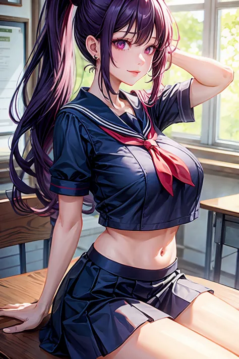 woman, sexy woman, mature female, mommy, long purple hair, red eyes, sharp eyes, detailed lips, big breast, short sleeves sailor...