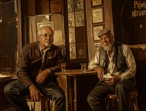 oil painting of two old men sitting ((best work of art)) ((two elderly men)) (old bar atmosphere)) bar table, whiskey shots, bro...