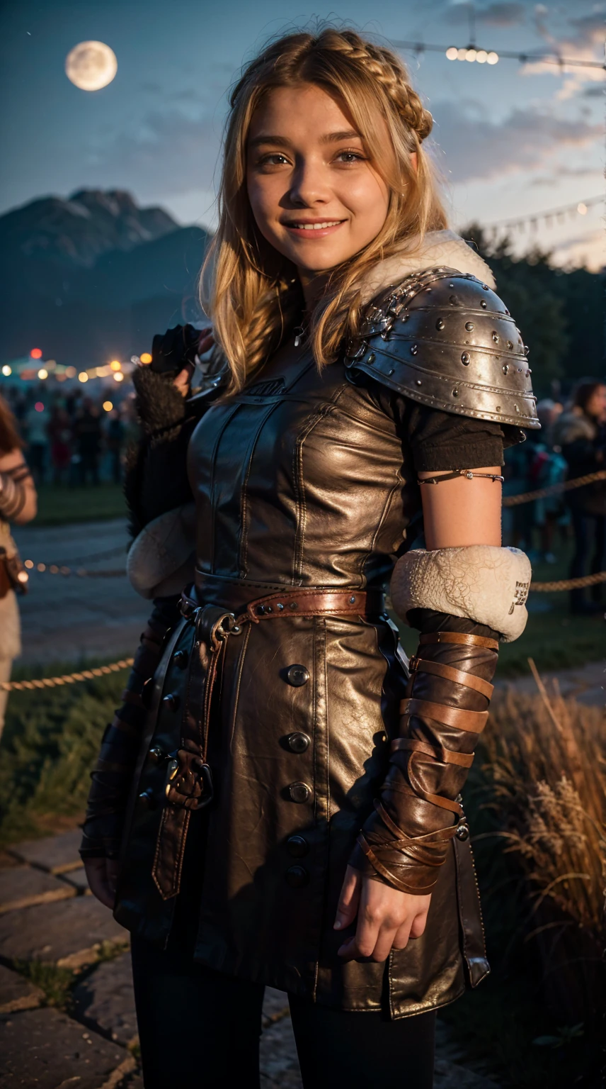 Masterpiece, Best quality,, (photorealistic1.4), (UHD), (epiCRealLife),  (flashphoto),, (photorealistic1.4), (Leather armors), (Chloe Grace Moretz smile), (chl03gm), (Astrid Hofferson Costume), (astrid_Character outfit), (Astrid Armor) (AstridWaifu), (cowboy shots), (Medieval outdoor), (castle landscape), (at night), (night time), (moon light), 