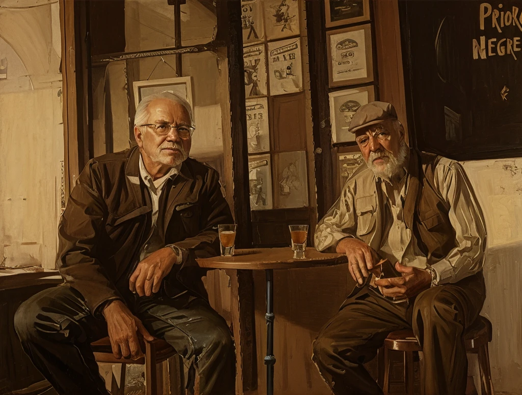 Pintura al óleo de dos ancianos sentados ((mejor obra de arte)) ((dos hombres mayores)) (ambiente de bar antiguo)) bar table, tragos de whisky, Pelo castaño, moderna, fondo blanco actual, Nick Alm, por Andrea Pozzo, Jeremy Lipking, gama murata jeremy lipking, by Carlo Mense, inspirado en enrique simonet, sargento marshénnikov, por Michael Ford, krenzcushart, Jeremy Lipking toma de cuerpo entero, by Josep Rovira Sole