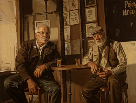 Oil painting of two old men sitting ((best work of art)) ((two elderly men)) (old bar atmosphere)) bar table, whiskey shots, Bro...