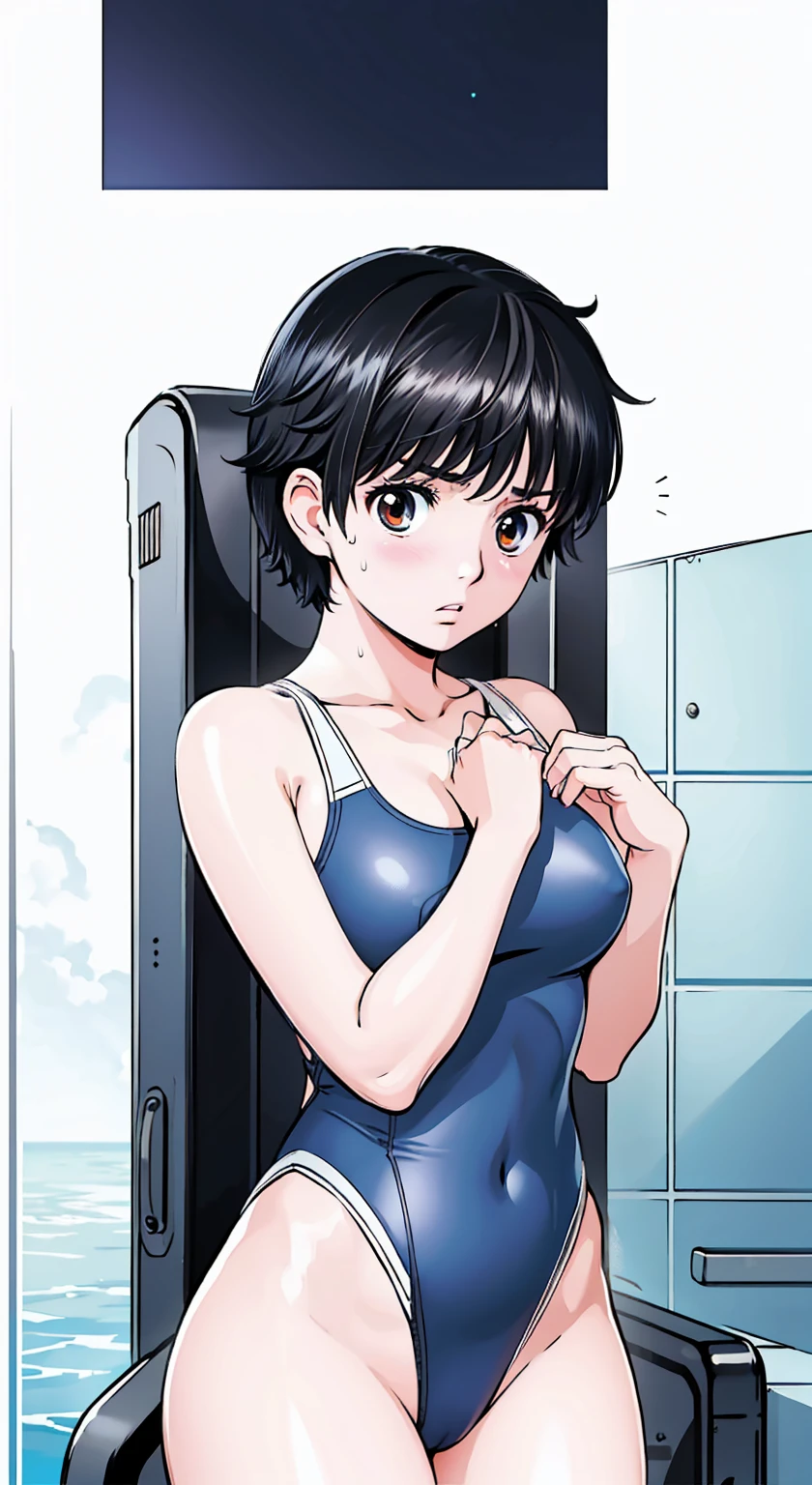 Black Hair、(Semi-long hair、Black Hair)、Navy blue competitive swimwear、(Highest quality:1.3)、One girl、(((Very Short Hair、Black Hair)))、Cowboy Shot、At the school pool、Naked butt、Big Ass、Sweat、masterpiece, Highest quality, High resolution, 超High resolution, RTTX 10.0, Pixel perfect, Written boundary depth, 4K, Very detailed、Embarrassed expression、Browsing Caution、Open navy blue swimsuit、