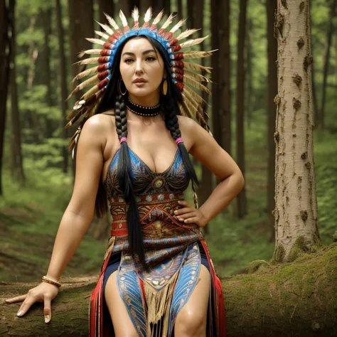 monica bellucci beautiful woman wearing a native american dress sitting in the forest with her dogs, native american, native ame...