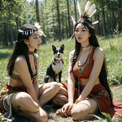 monica bellucci beautiful woman wearing a native american dress sitting in the forest with her dogs, native american, native ame...