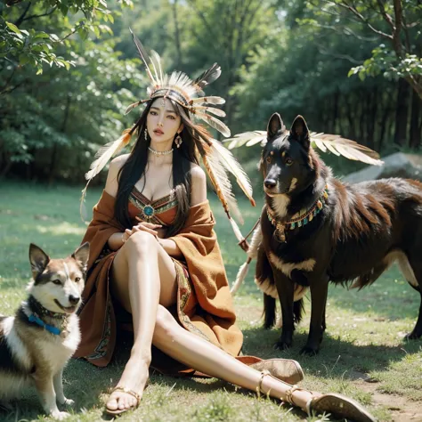 monica bellucci beautiful woman wearing a native american dress sitting in the forest with her dogs, native american, native ame...