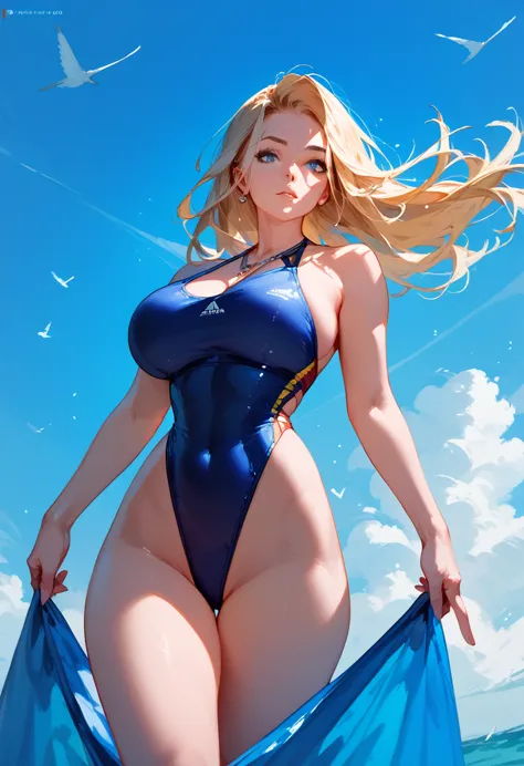 girl, dark blue swimsuit, blonde, blue eyes, Hyper Realistic, masterpiece