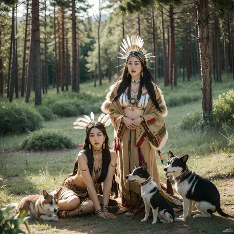 monica bellucci beautiful woman wearing a native american dress sitting in the forest with her dogs, native american, native ame...