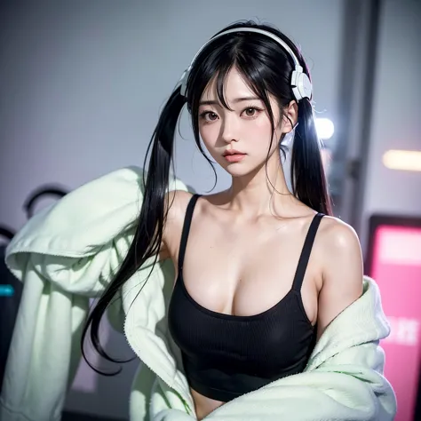 40-year-old japanese woman、black hair、the hair is very short、twin tails、hatsune miku's outfit、headphones、flat chest、realistic ph...