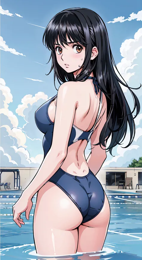 black hair、(semi-long hair、black hair)、navy blue competitive swimwear、(highest quality:1.3)、one girl、(((semi-long hair、black hai...