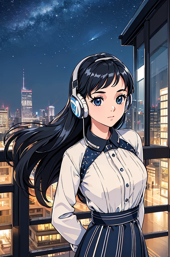 ((masterpiece)),(((Highest quality))),((Super detailed)) Realistically, 1 Girl, beautiful, Wearing headphones, one person　Watching the night view, city, Starry Sky, building, night.　Black hair bob　The wind is blowing　sexy Photogenic night view　Girl sideways