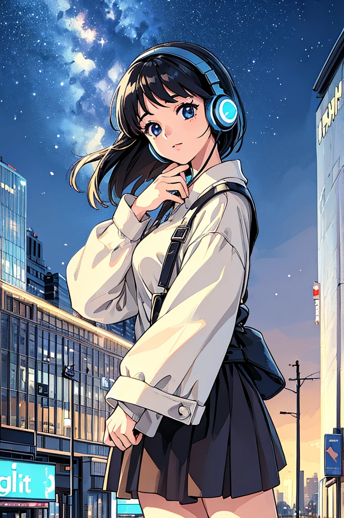 ((masterpiece)),(((Highest quality))),((Super detailed)) Realistically, 1 Girl, beautiful, Wearing headphones, one person　Watching the night view, city, Starry Sky, building, night.　Black hair bob　The wind is blowing　sexy Photogenic night view　Girl sideways