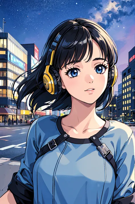 ((masterpiece)),(((highest quality))),((super detailed)) realistically, 1 girl, beautiful, wearing headphones, one person　watchi...