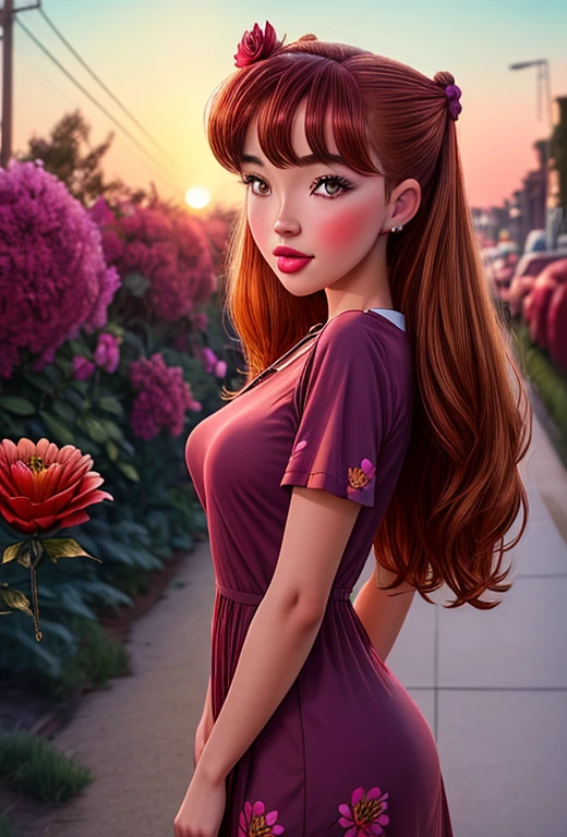 1girl, solo, (half body shot:1.3), (looking at viewer:1.3), julia, ((happy)), (fakebreasts), intricate, absurdres, highest quality, extremely detailed, detailed eyes:1.3, masterpiece, 8k UHD, 4k HDR, RAW photograph, wearing a ((summer dress with flower prints)), (holding a flower, hairflower, sunshine, beautiful atmosphere, at  flower field), film, analog film, sunset, hard light, soft light, dramatic lighting, neon lights, red light, blue light, green light, purple light, agfa ultra, classic chrome, ektachrome, eterna, fujicolor c200, kodachrome , kodak portra 400, fujicolor superia 1600, kodacolor, fujifilm xt3, film grain, polaroid, colored gels, depth of field, dim light, golden hour, color grading, bokeh, RAW