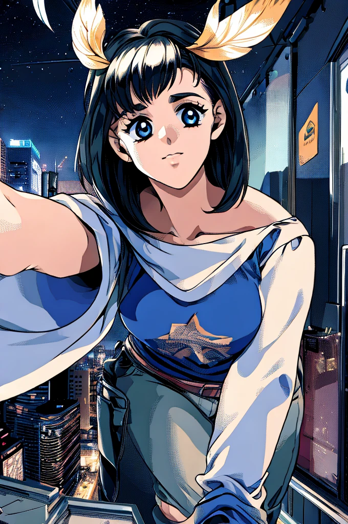 ((masterpiece)),(((Highest quality))),((Super detailed)) Realistically, 1 Girl, beautiful, Wearing headphones, one person　Watching the night view, city, Starry Sky, building, night.　Black hair bob　The wind is blowing　sexy Photogenic night view　Girl sideways