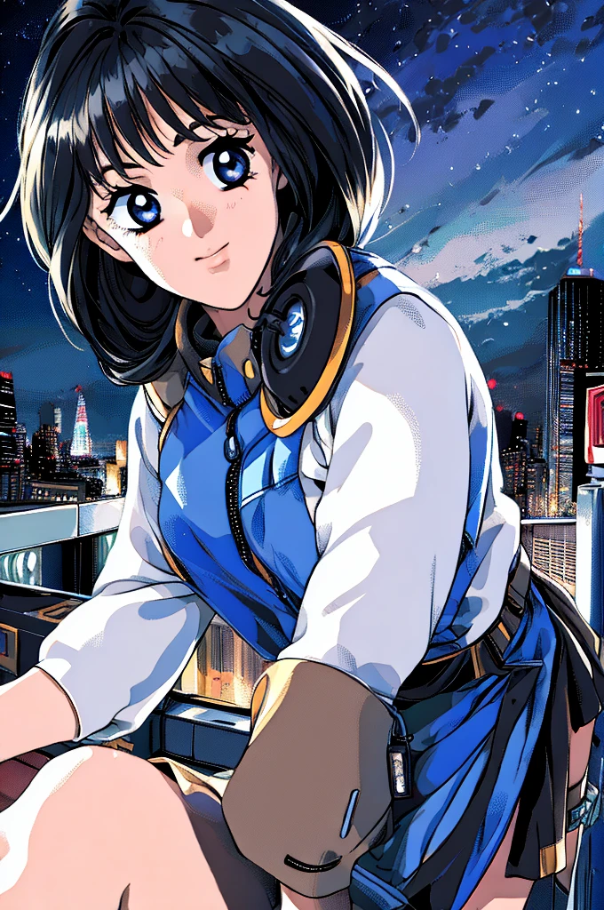 ((masterpiece)),(((Highest quality))),((Super detailed)) Realistically, 1 Girl, beautiful, Wearing headphones, one person　Watching the night view, city, Starry Sky, building, night.　Black hair bob　The wind is blowing　sexy Photogenic night view　Girl sideways