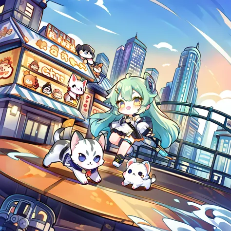 1 chibi character , 1 cute pet , city background