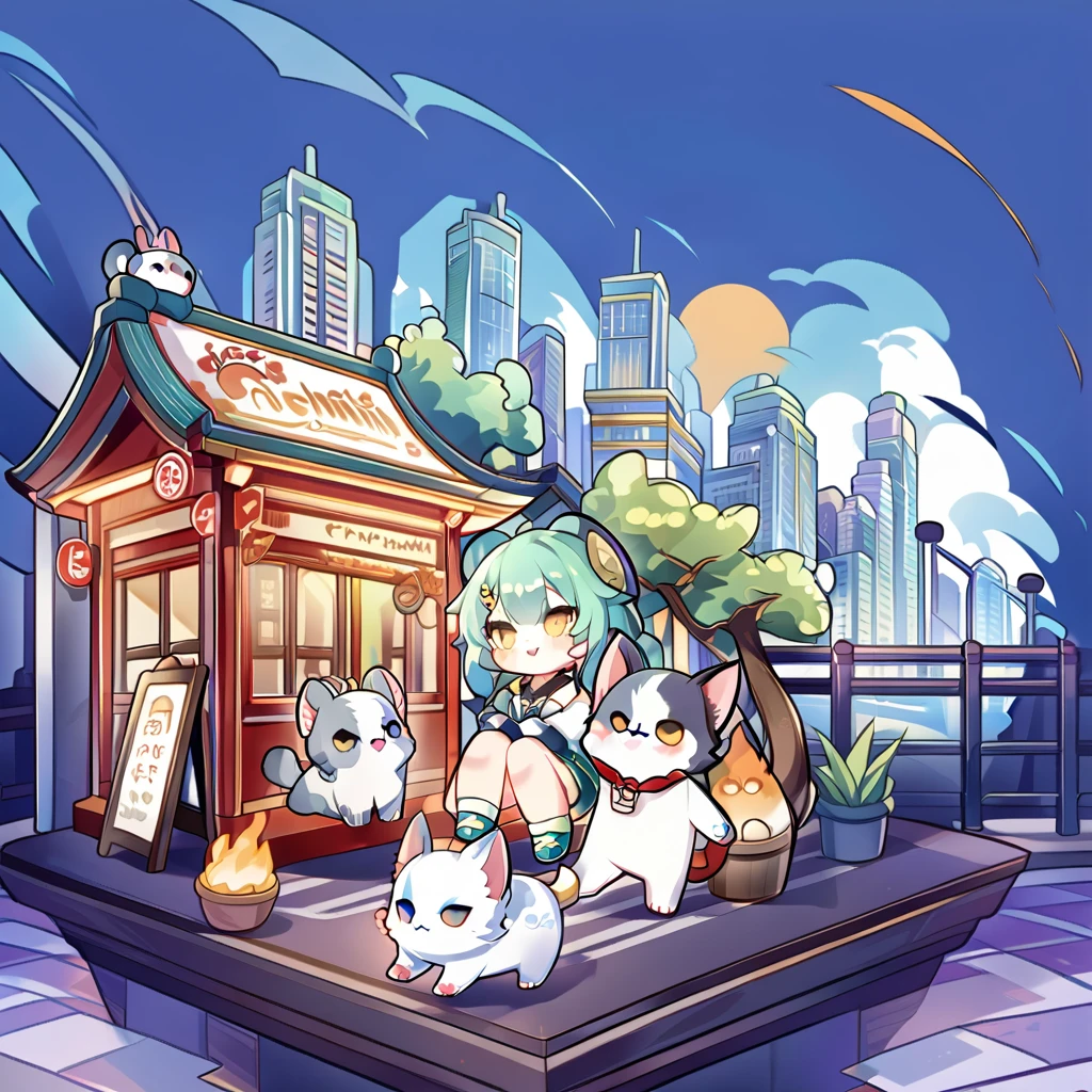 1 chibi character , 1 cute pet , city background 