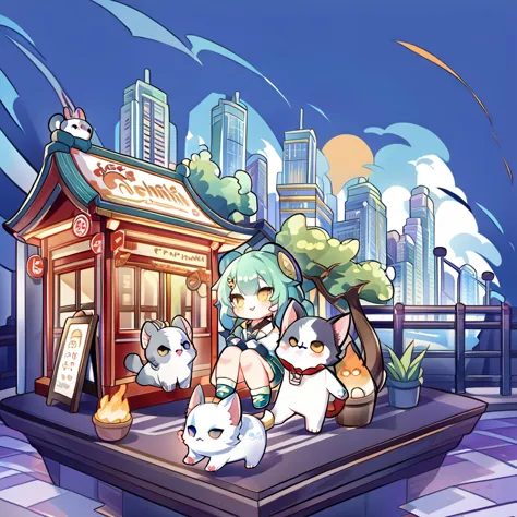 1 chibi character , 1 cute pet , city background