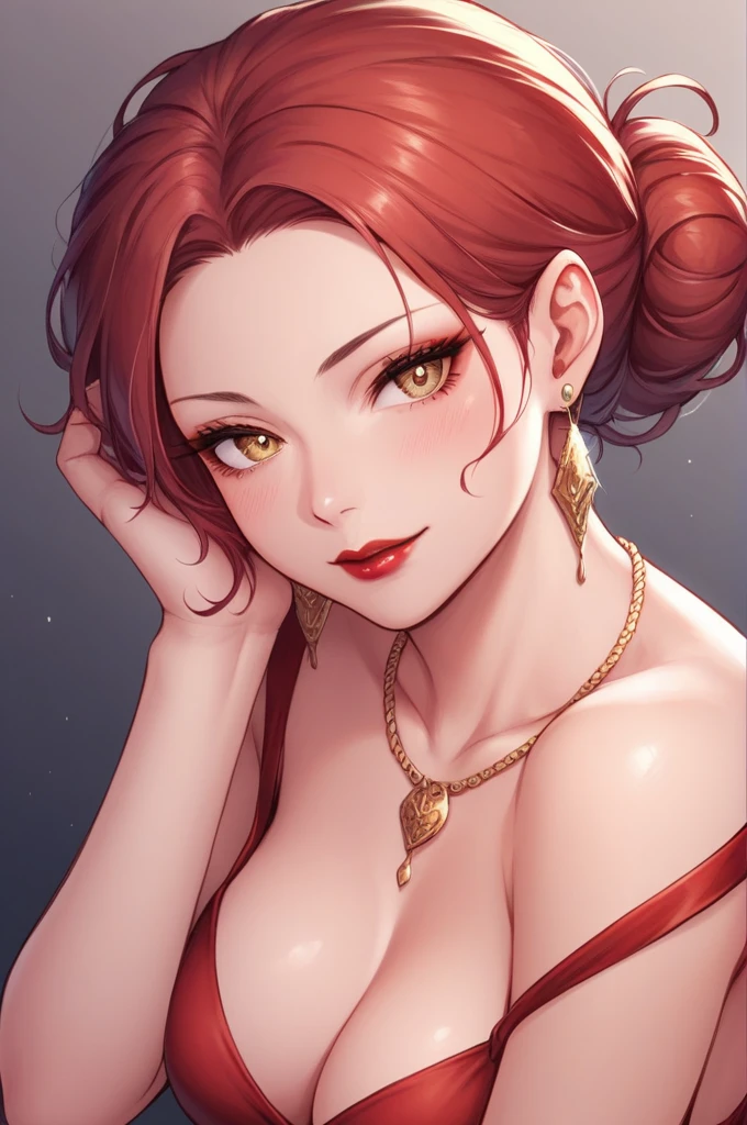 score_9, score_8_up, score_7_up, score_6_up, score_5_up, score_4_up, yu hee, gold eyes, red curly hair, large breasts, hanfu, bare shoulders, necklace,drop dangle earrings,long earrings,red lipstick , detailed eyes ,bare legs,hair bun, 