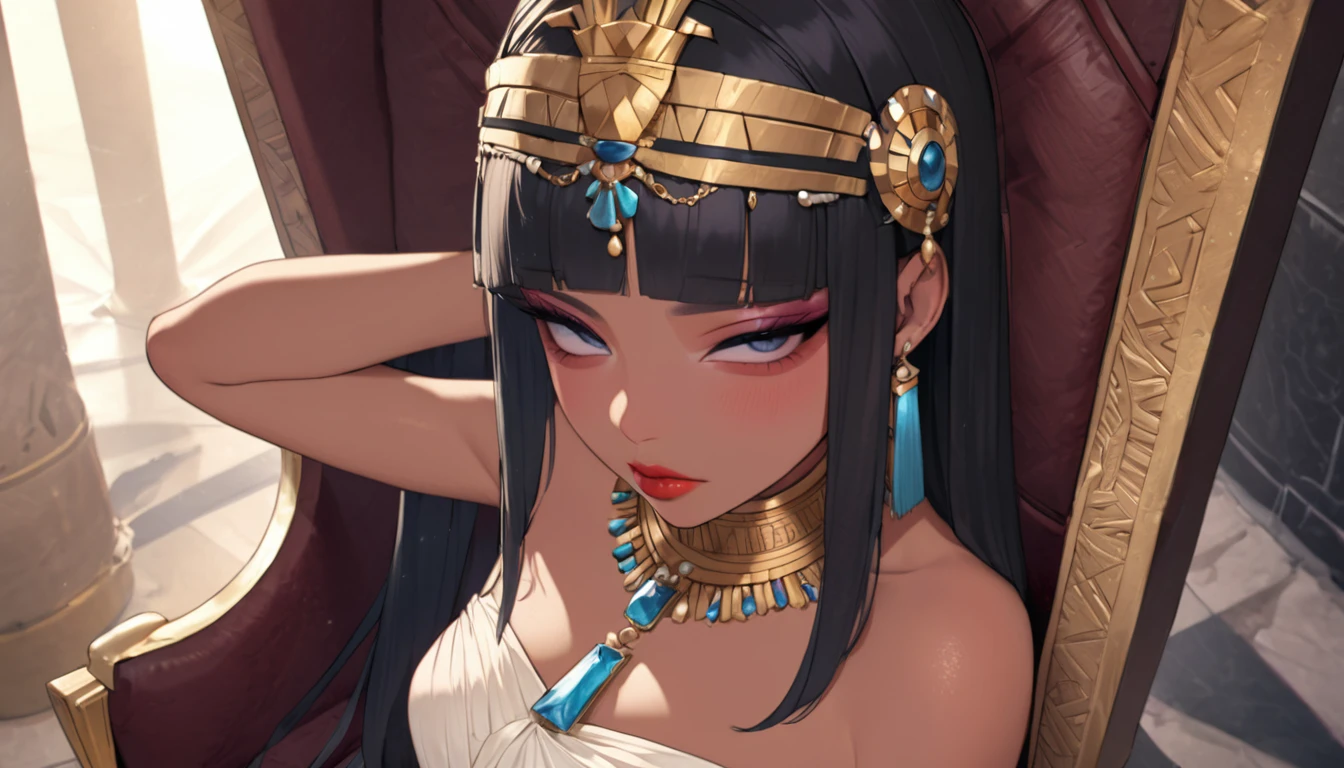 ((Highest quality)), ((masterpiece)), (Detailed face and eyes), Perfect Face, Accurate, Textured skin, Attention to detail, High resolution, Cleopatra, Queens of Ancient Egypt, Wearing a silk dress, Jewel crown, lipstick, Cowboy Shot, Sunburned skin, Brown Skin, Throne, From above